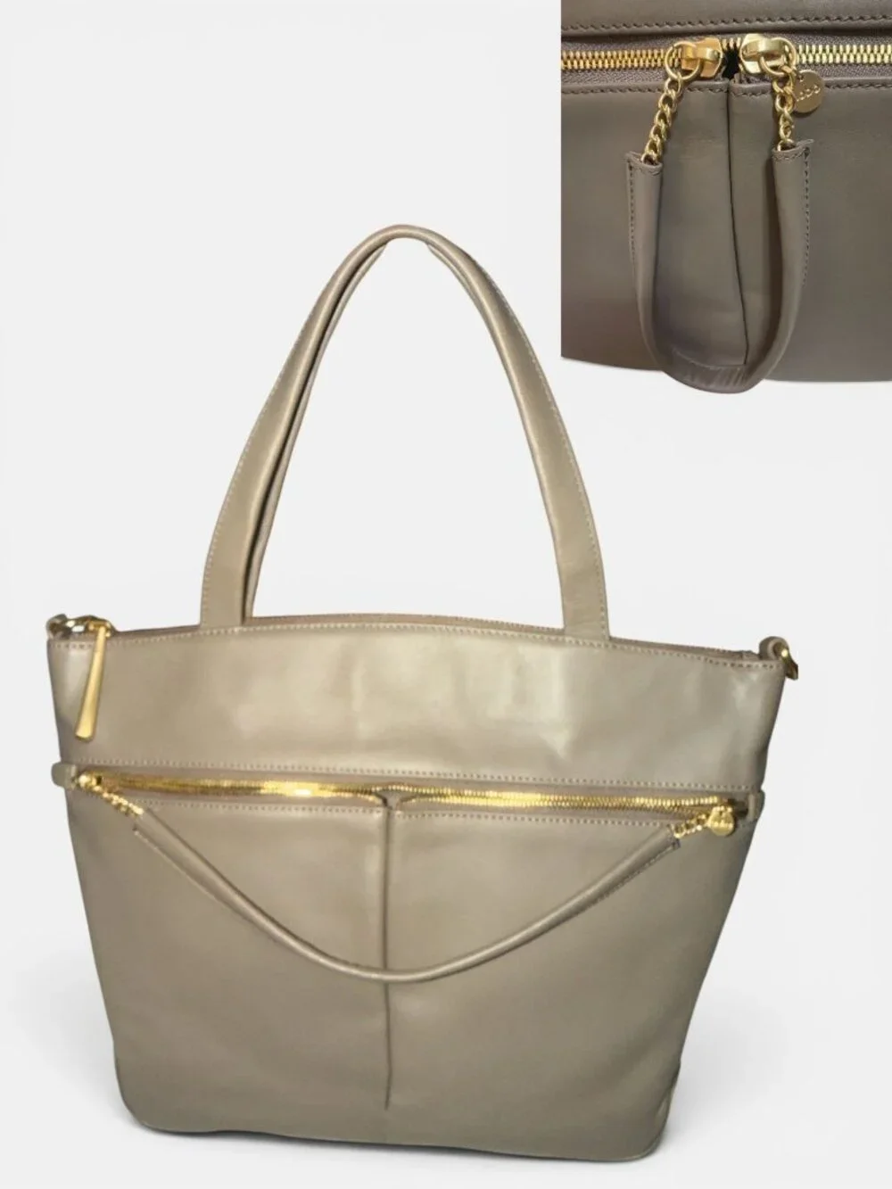 HOBO Double Zip Satchel Taupe Matte Leather Brass Shoulder Bag Detachable Strap